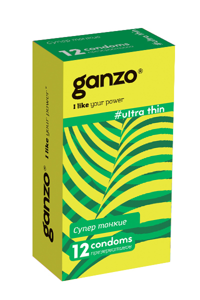 Презервативы Ganzo, ultra thin, супер тонкие, латекс,18 см, 5,2 см, 12 шт.