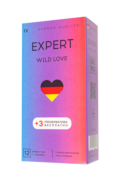 Презервативы EXPERT Wild Love Germany 12шт +(3 бесплатно), ребристые с точками